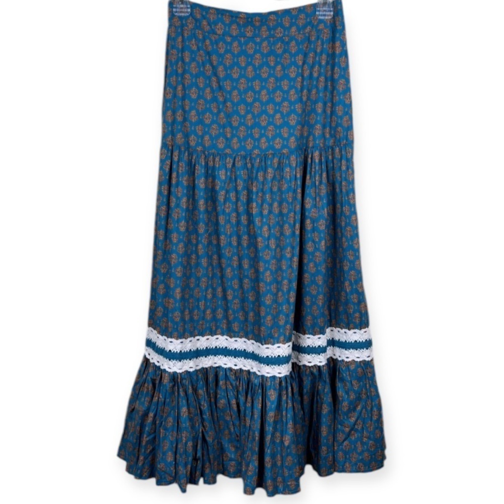 Luna Moon Peasant Tiered Maxi Skirt S Crochet Ruffled Teal Cottagecore Boho